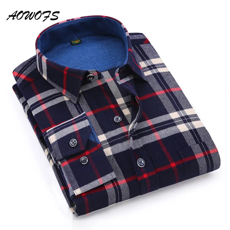 AOWOFS 2017 Зима рубашки для мальчиков мужчин мягкие фланелевые в клетку Regular Fit