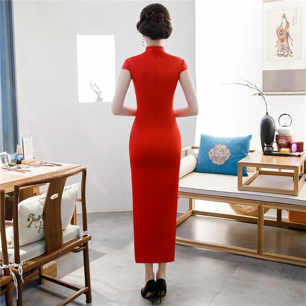 Женское платье Qipao длинное из искусственного шелка с коротким рукавом и