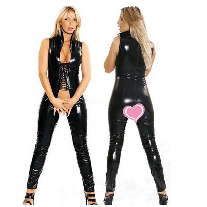 Плюс размер сексуальный высокий вырез без Рукавов ПВХ кожаный Облегающий