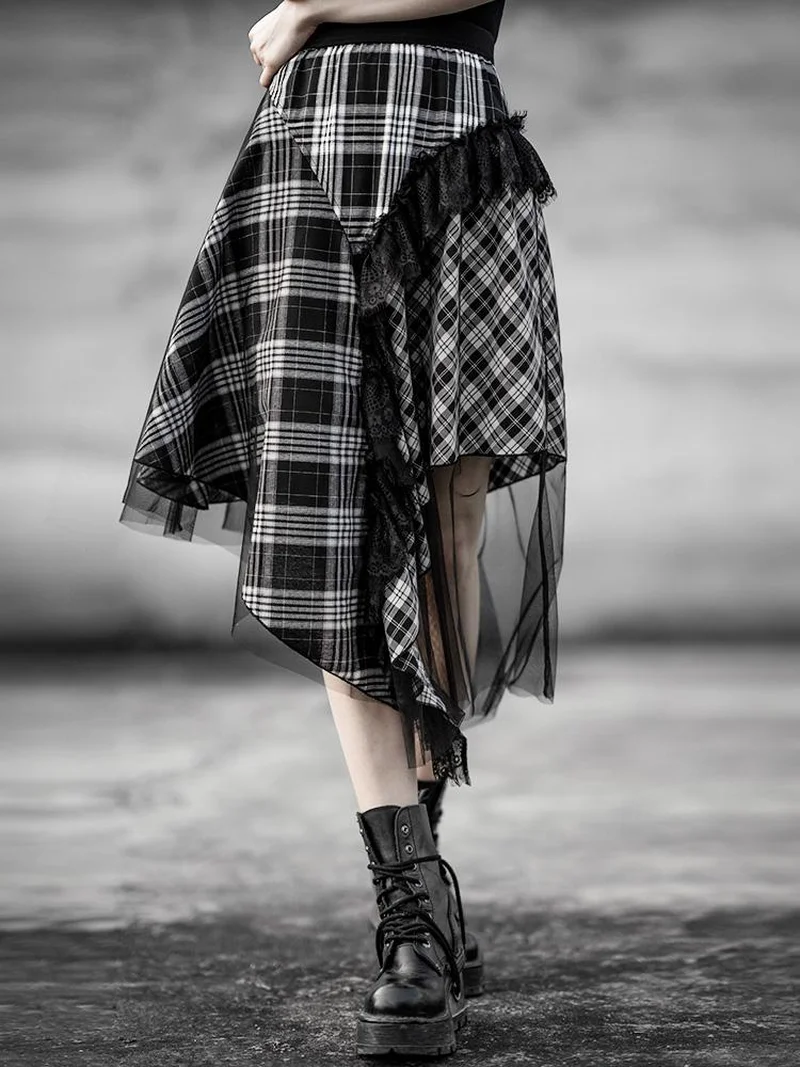 PUNK RAVE Women's GothIC Irregular Plaid Skirts with Mesh Steampunk Retro Party Skirt Gothic Daily Girls Casual Skirts