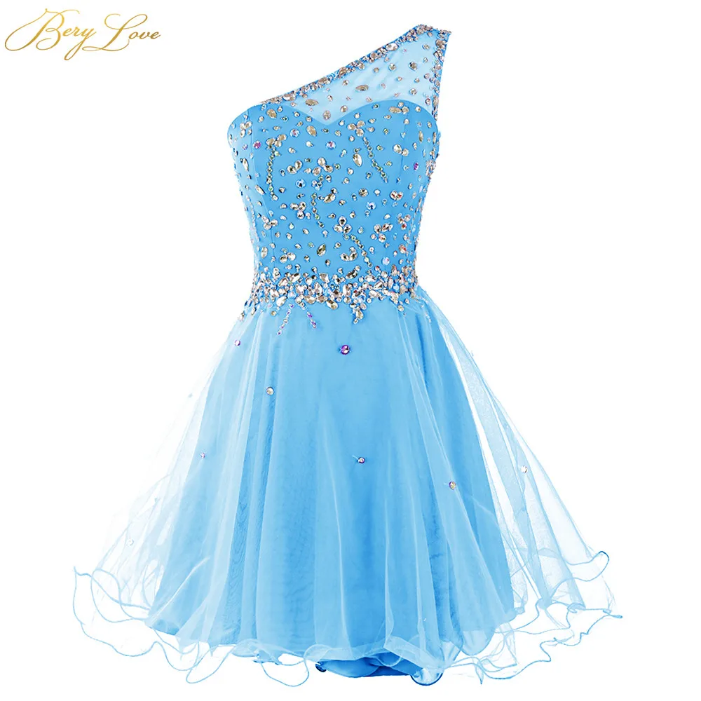 Light Blue Berylove/платье на одно плечо для выпускного вечера; коллекция года; цвет королевский синий; короткое платье из тюля с кристаллами и бисером для девочек; платье для выпускного вечера; вечерние мини-платья - Цвет: Light Blue