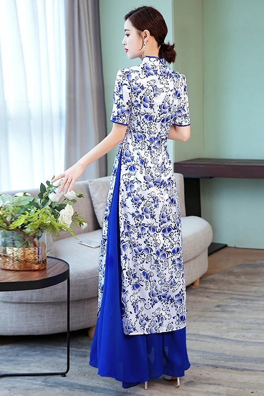 Новое поступление голубое белое фарфоровое длинное платье Ao Dai qipao для женщин |