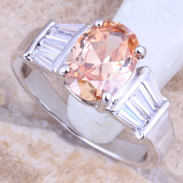Модное посеребренное кольцо цвета морганита шампанского с белым кубическим