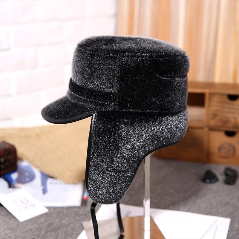 New arrival Faux Rabbit Fur Visors Hat Winter Cap Men 2018 Old Man With Tab Adjutable Father Peaked Thick Wool |