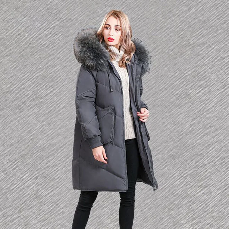 Женский длинный пуховик с капюшоном свободная теплая парка на белом утином пуху