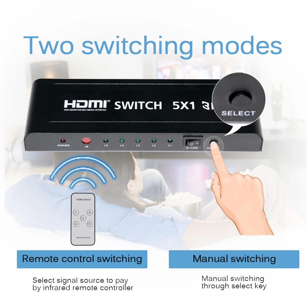 Переключатель HDMI высокого качества с поддержкой 1080P 3D 5 в 1 4 3 ИК-пультом