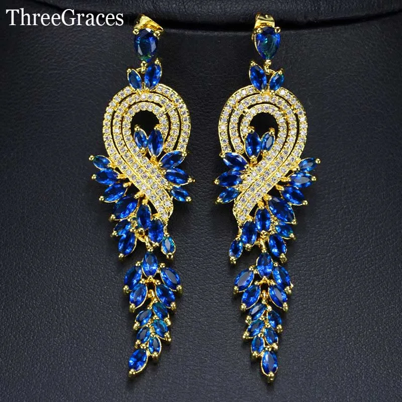 blue ThreeGraces нигерийские женские ювелирные изделия золотого цвета, циркониевый камень в форме маркизы, большие длинные свисающие свадебные серьги для невесты ER301 - Окраска металла: blue
