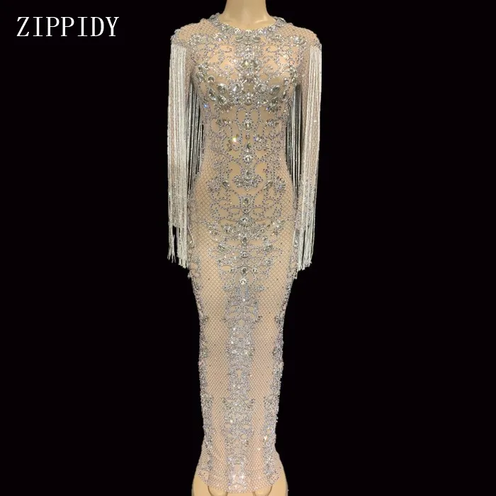 Блестящее Сетчатое прозрачное длинное платье с блестящими кристаллами вечерние