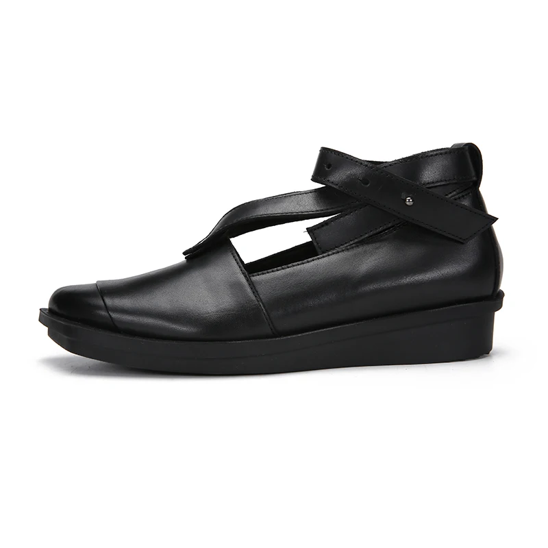 

VALLU 2018 Fashion Shoes Women Flats Platform Ankle Strap Square Toes Genuine Leather Rome Style Black Big Size 41