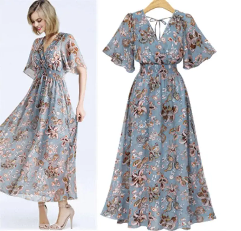 2019 Chiffon Floral Print Summer Dress Women Casual Tunic slim Sexy V Neck Long Female Elegant Bohemian Beach Party | Женская одежда