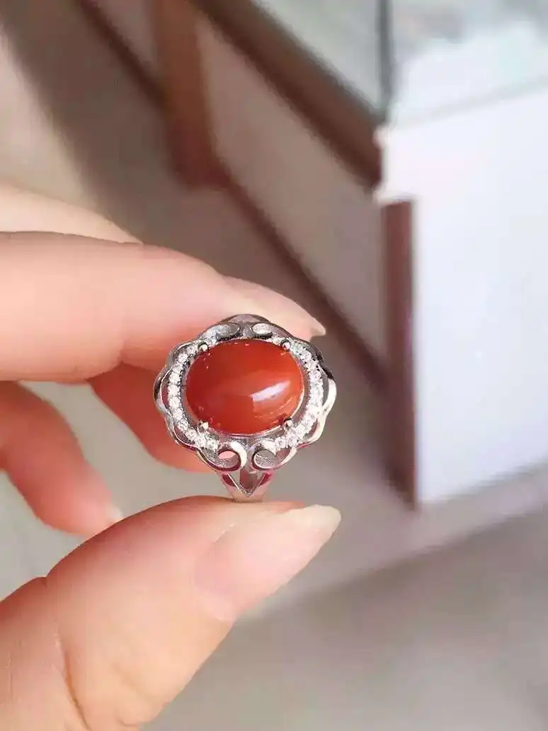 Natural south red agate Ring gemstone S925 sterling silver trendy Elegant Hollow round women party gift Jewelry | Украшения и