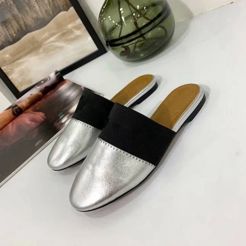 Sliver Women's Shoes Covered Toe Mules Genuine Leather Loafers Round Toe Casual Shoes Top Quality Slippers Outdoor Ladies Shoes - Цвет: Sliver