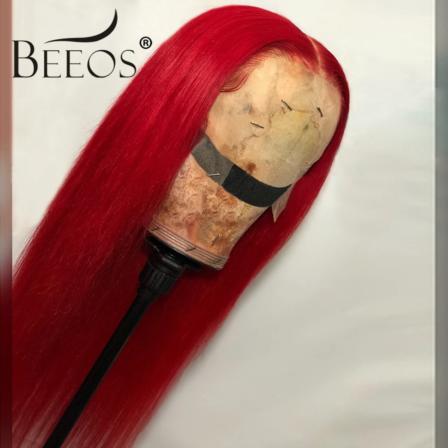 Beeos Красные 13*6 парики из натуральных волос на кружеве для женщин прямые парики из перуанских волос