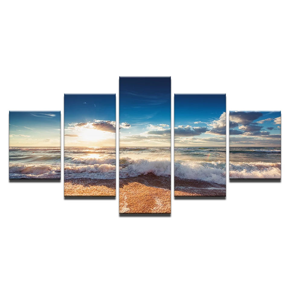 

Wall Art Canvas Print Paintings Home Decor Framework 5 Pieces Sunshine Beach Sea Waves Seascape Pictures Modular Blue Sky Poster