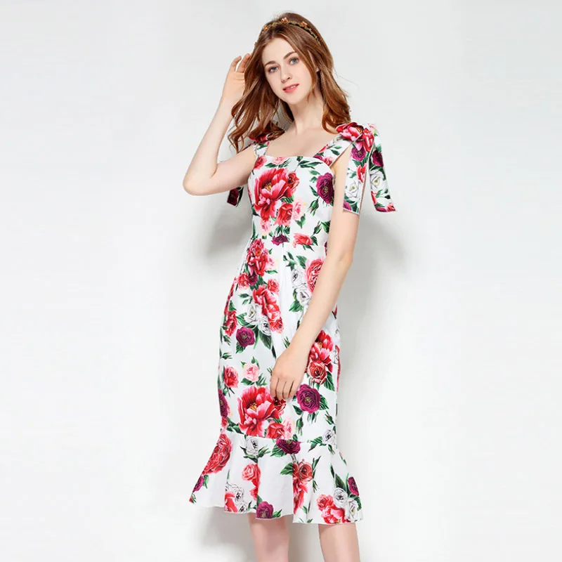 

High Quality 2019 Summer Women's Dress New Designer Sweet Amazing Rose Print Fishtail Slim Thin Strap With Ladies Beach Dresses