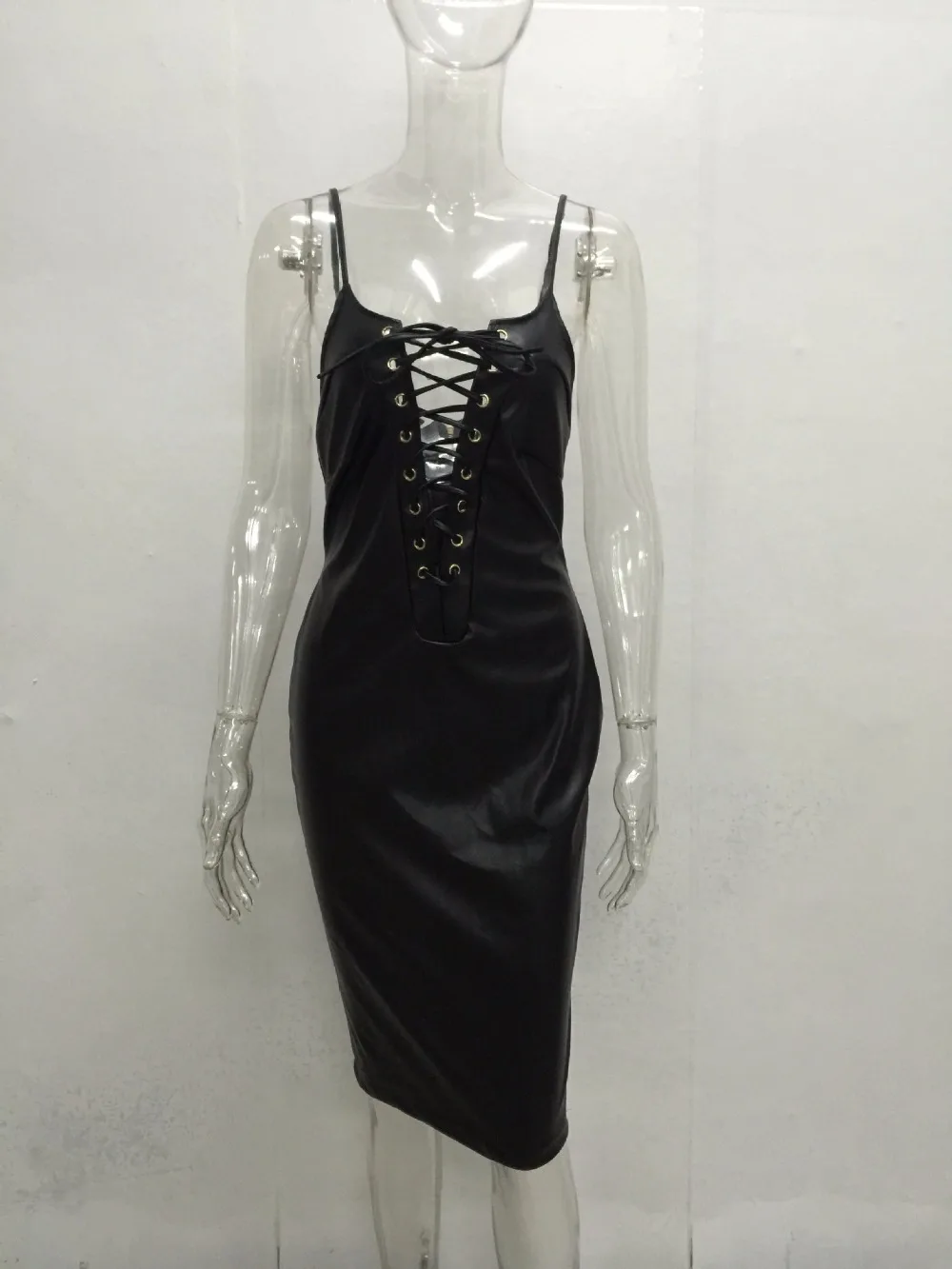 2017 Весна Сплошной Цвет Женщины Черное Платье Сексуальная ИСКУССТВЕННАЯ Кожа