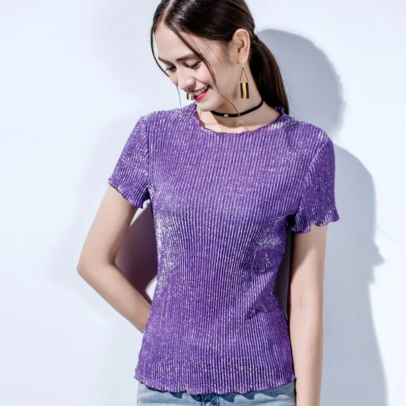 Purple Kislady Blusas Mujer De Moda летние блестящие шелковые женские блузки с круглым вырезом розовые фиолетовые модные повседневные шифоновые блузки в полоску - Цвет: Purple