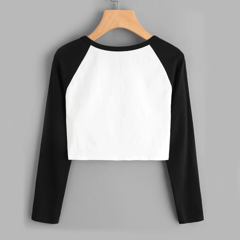 Dotfashion, двухцветная укороченная футболка с рукавом реглан,, черно-белый топ с круглым вырезом, осенняя простая футболка с длинным рукавом