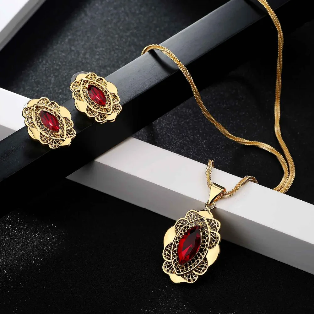 

Shamty Pure Gold Color Red Crystal Sets For Women Trendy Earrings Necklace Set Nigerian Wedding African Beads Jewelry A300062