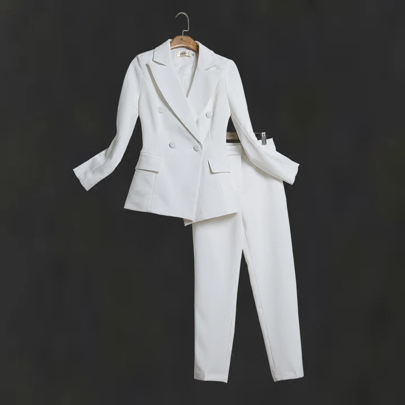 2019 Spring Autumn Women Slim Suit Pants Set Office Lady Elegant Solid Double Breasted Work Blazer + Ankle Length Pant Y252 | Женская