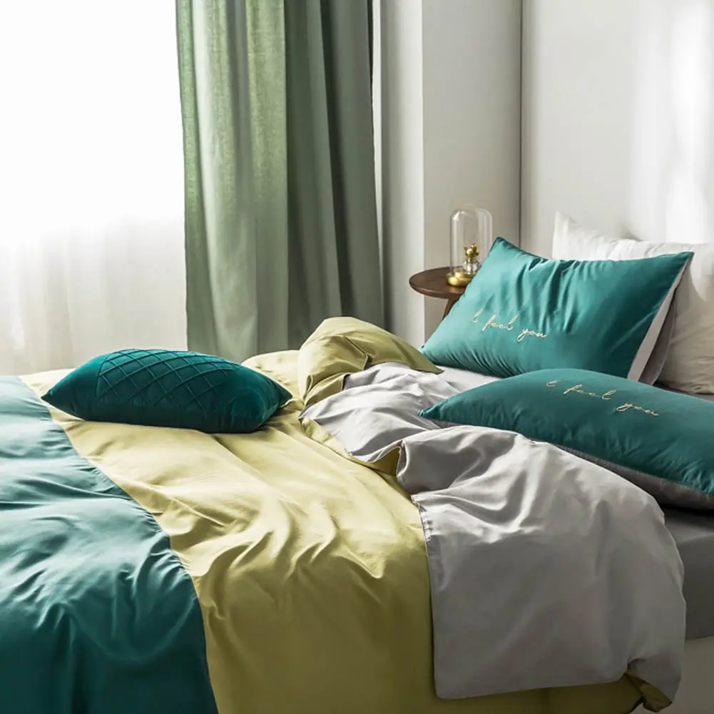 Nordic Light Green Dark INS Embroidery Bedlinens Artificial Silk Satin Duvet Cover Set Queen King Bedsheet Bedding Set