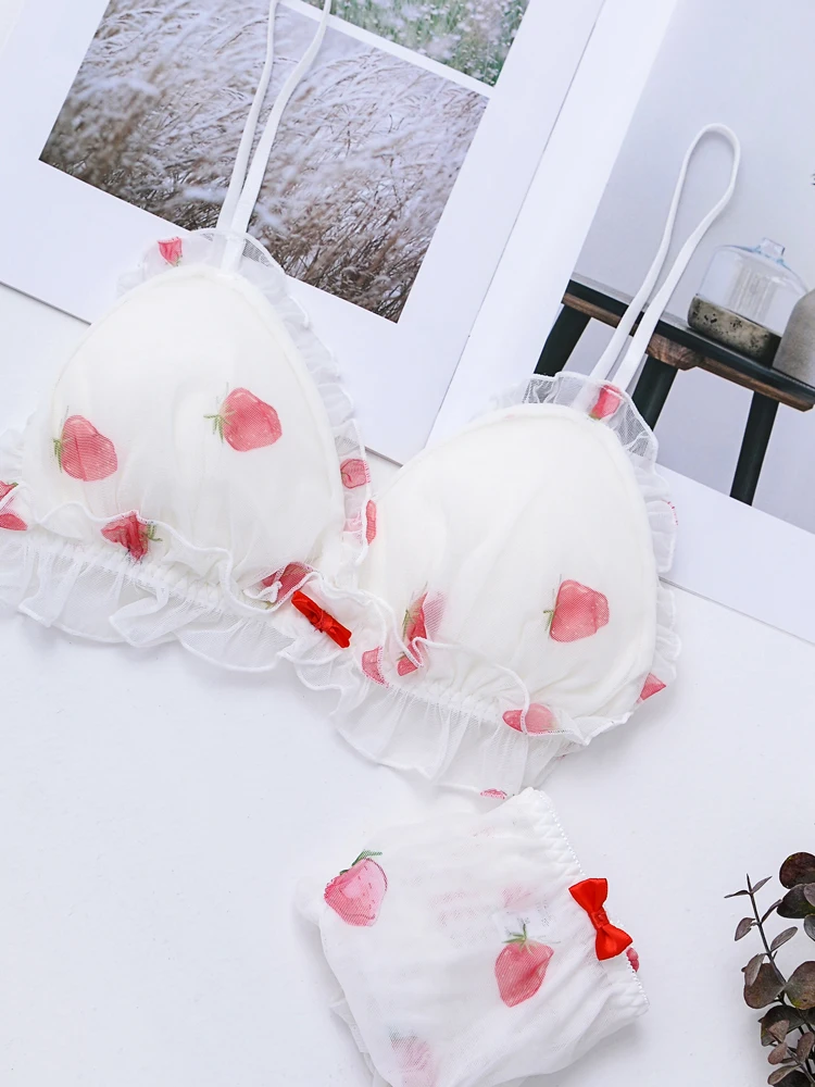 Клубничный Летний шифоновый бюстгальтер и трусики комплект с оборками мягкое