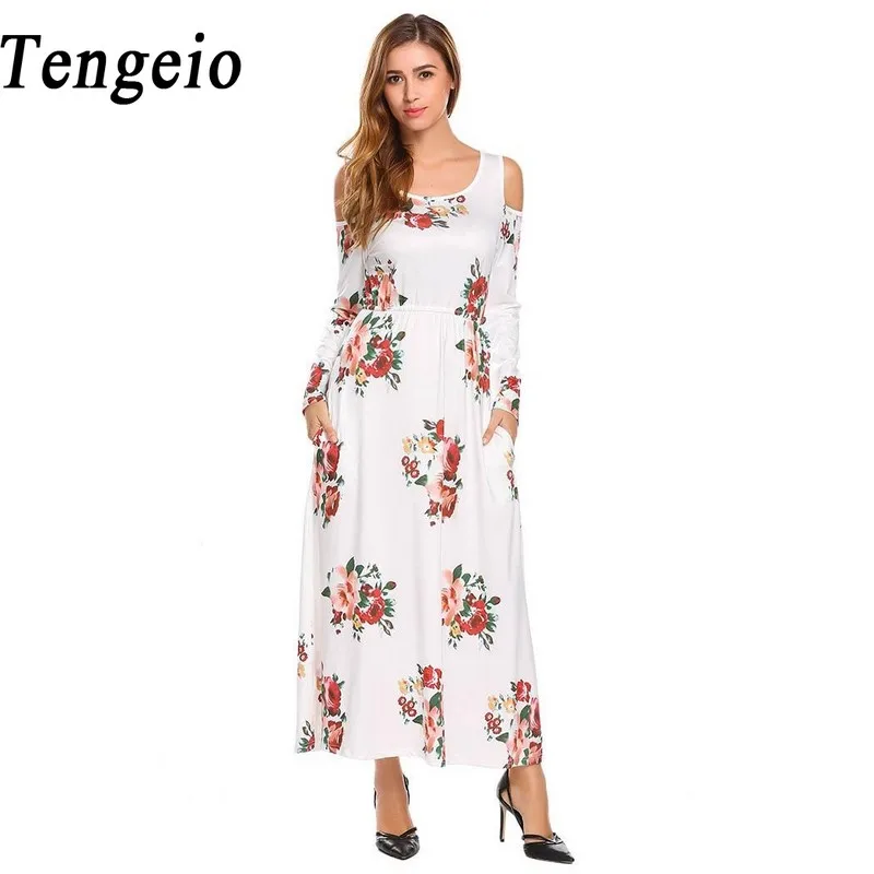 Tengeio Для женщин зима шею Cold Shoulder Dress Повседневное с длинным рукавом цветочным