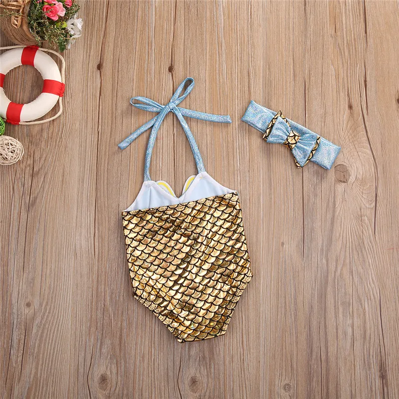 Детский цельный купальный костюм Русалочки для девочек Милые Бикини с бантиком
