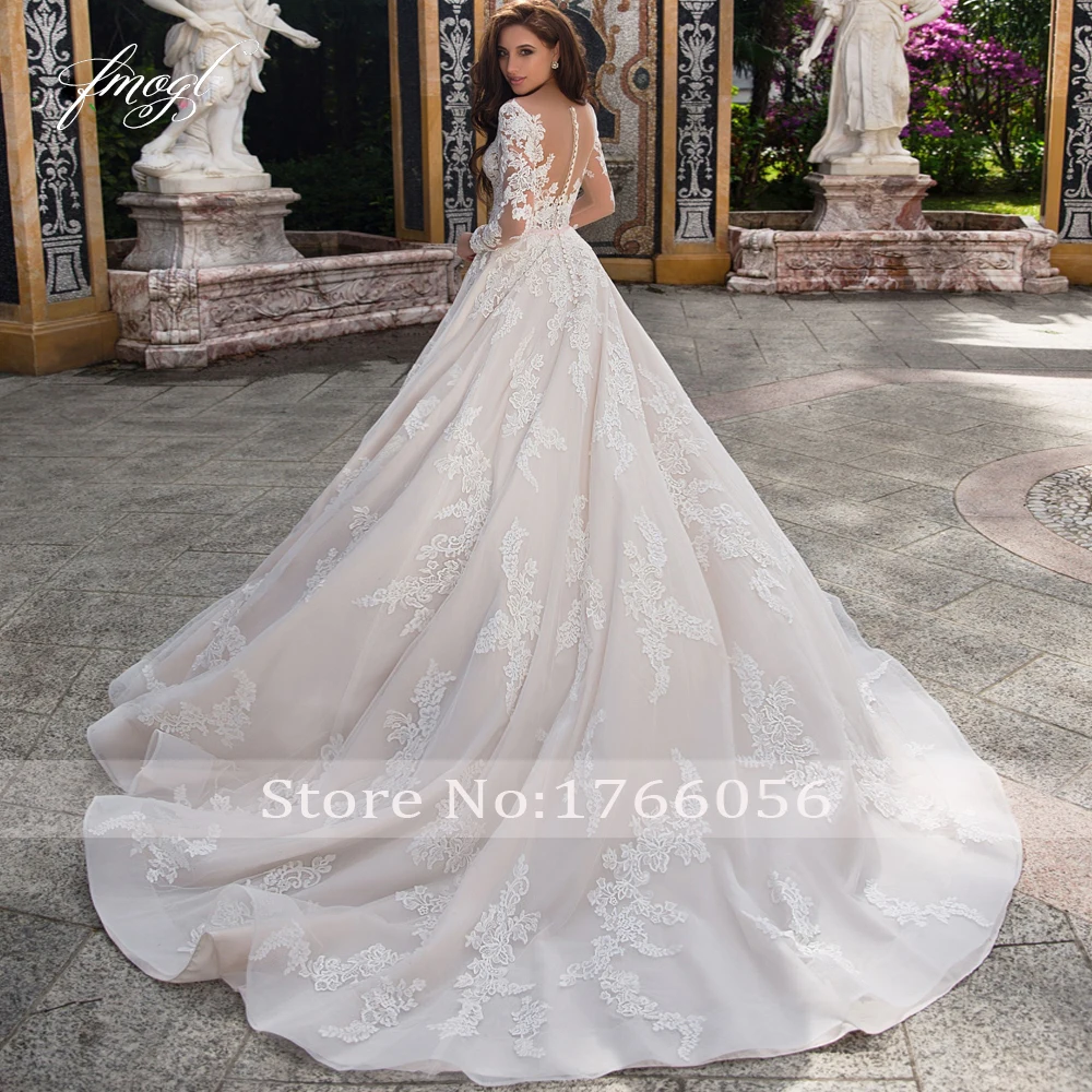 Fmogl Vestido De Noiva, длинные рукава, а-силуэт, свадебные платья,, сексуальные, иллюзия, круглый вырез, аппликация, суд, поезд, платье невесты