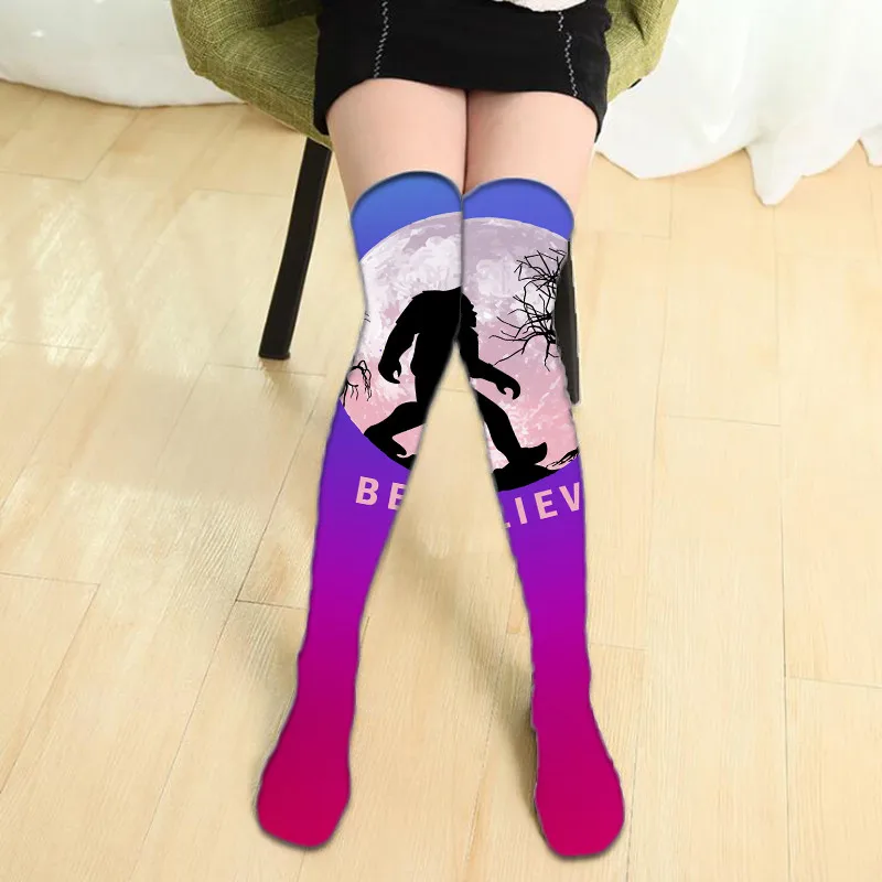 Женские тонкие чулки выше колена с принтом оранжевые для школьниц женские