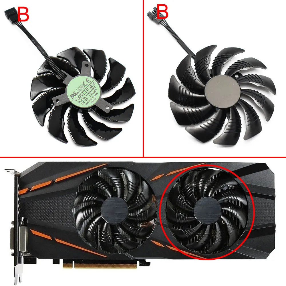 B 88 мм T129215SU PLD09210S12HH 4Pin вентилятор охлаждения для Gigabyte GTX 1050 1060 1070 960 RX 470 480 570 580 Графика карты кулер вентилятор - Цвет лезвия: B
