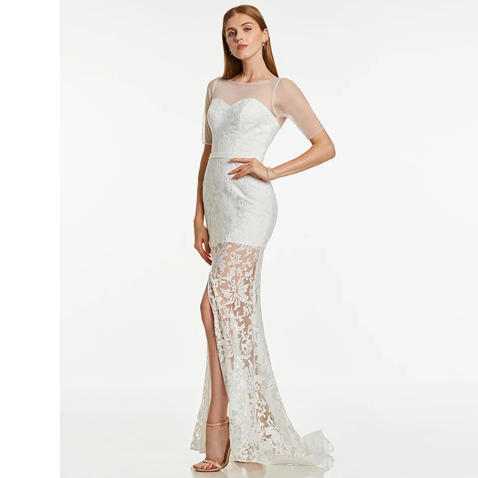 Длинное вечернее платье с круглым вырезом коротким рукавом и кружевом | Свадьбы