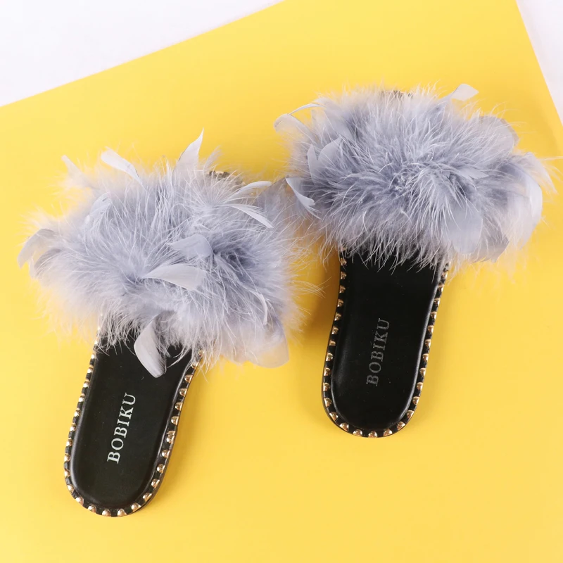 Тапочки с перьями страуса Летние Нескользящие тапочки на плоской подошве
