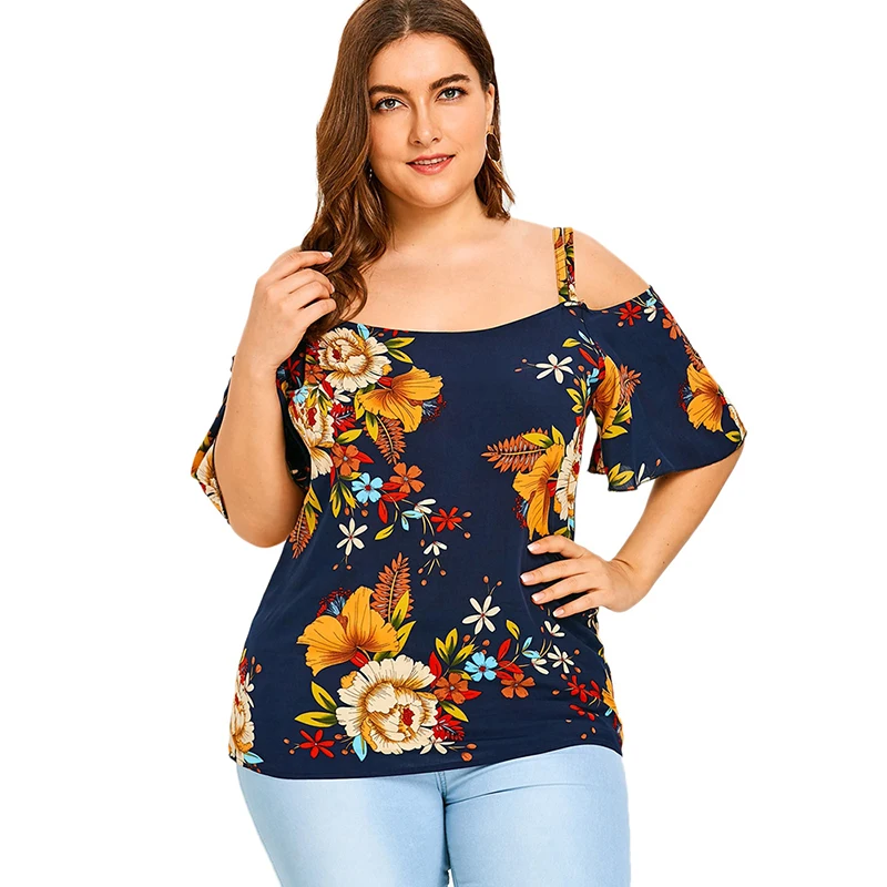Plusmiss плюс Размеры 5XL Сексуальная с плеча цветочным принтом Boho блузки женские