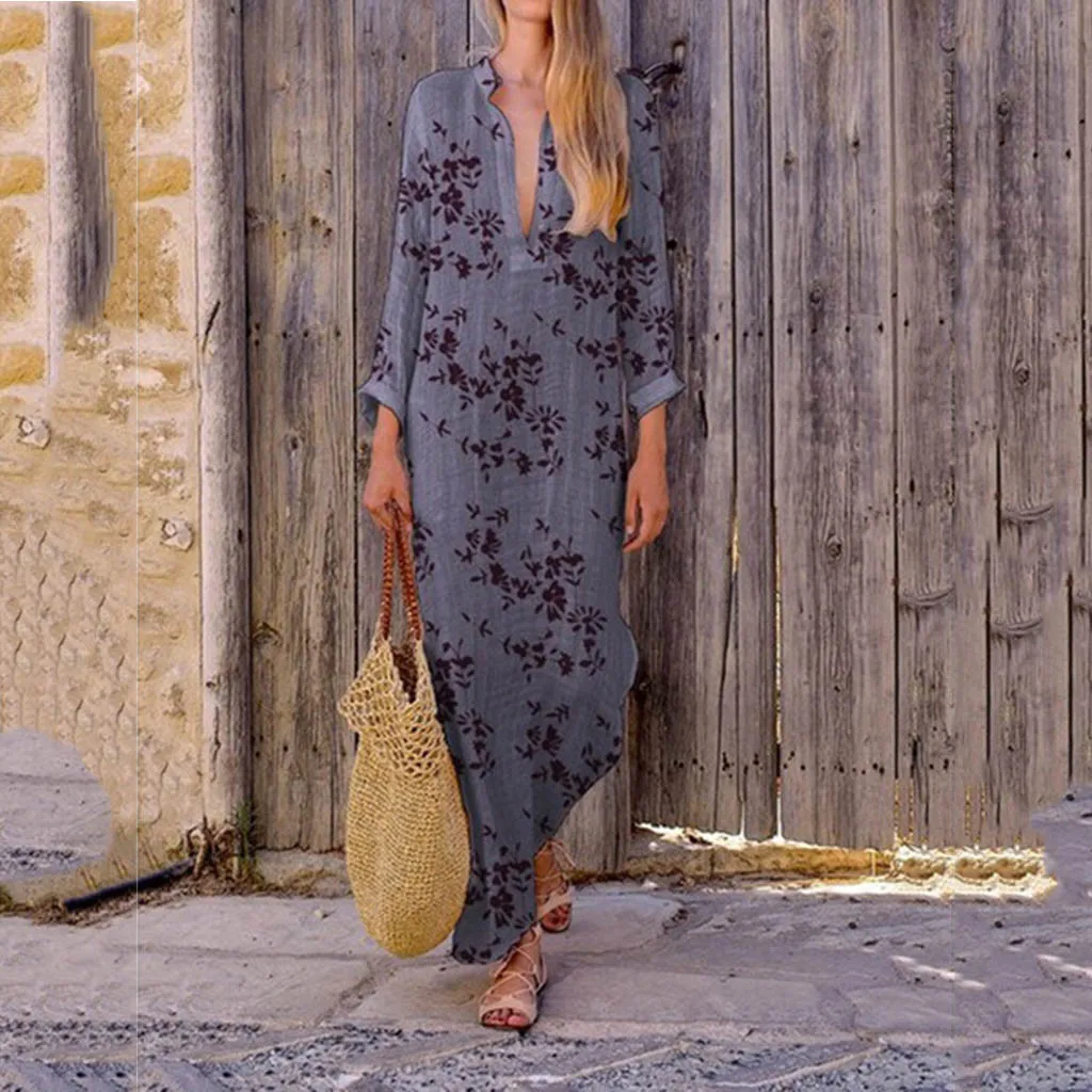 Женское винтажное платье с V-образным вырезом длинным рукавом и цветочным