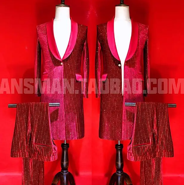 Новинка 2020 Мужская одежда Блейзер красный длинный костюм с горячим тиснением