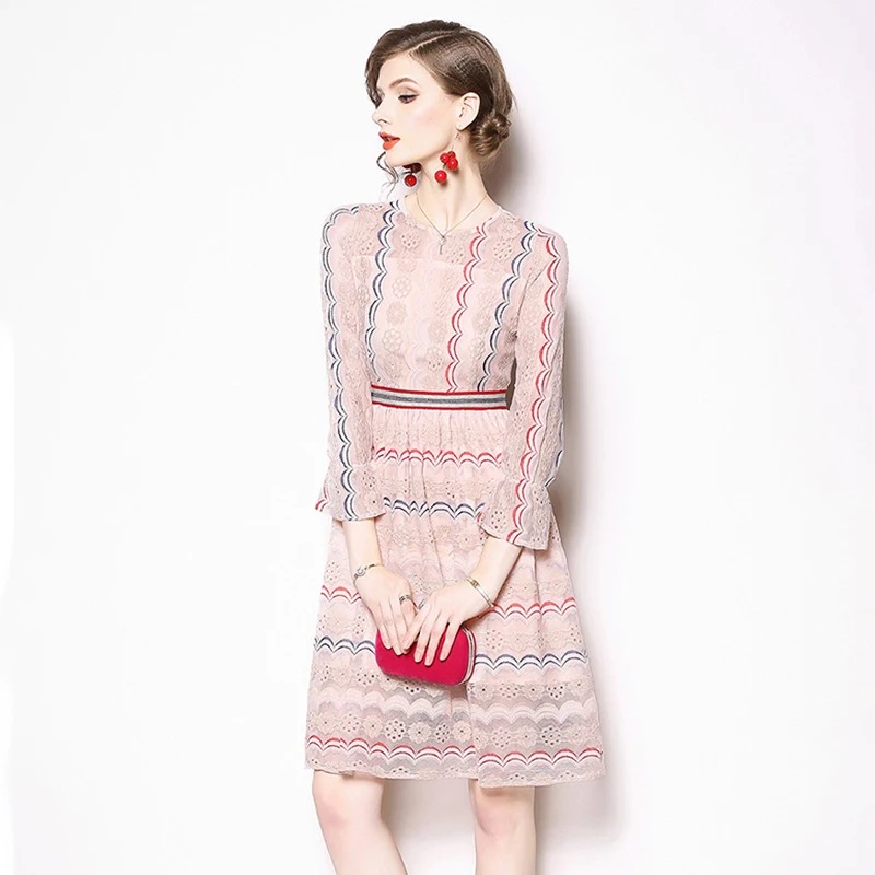 Женское кружевное платье в полоску Trytree повседневное розовое трапециевидной