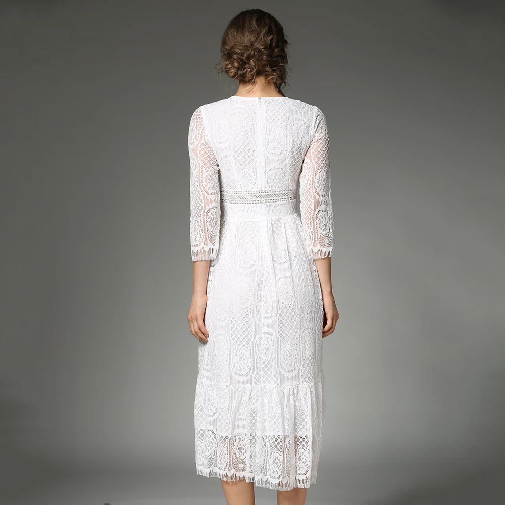 Белые кружевные платья для женщин, с высокой талией, Vestido Mujer, с круглым вырезом, платье в стиле пэчворк, большие размеры, 3/4 рукав, халат, N618