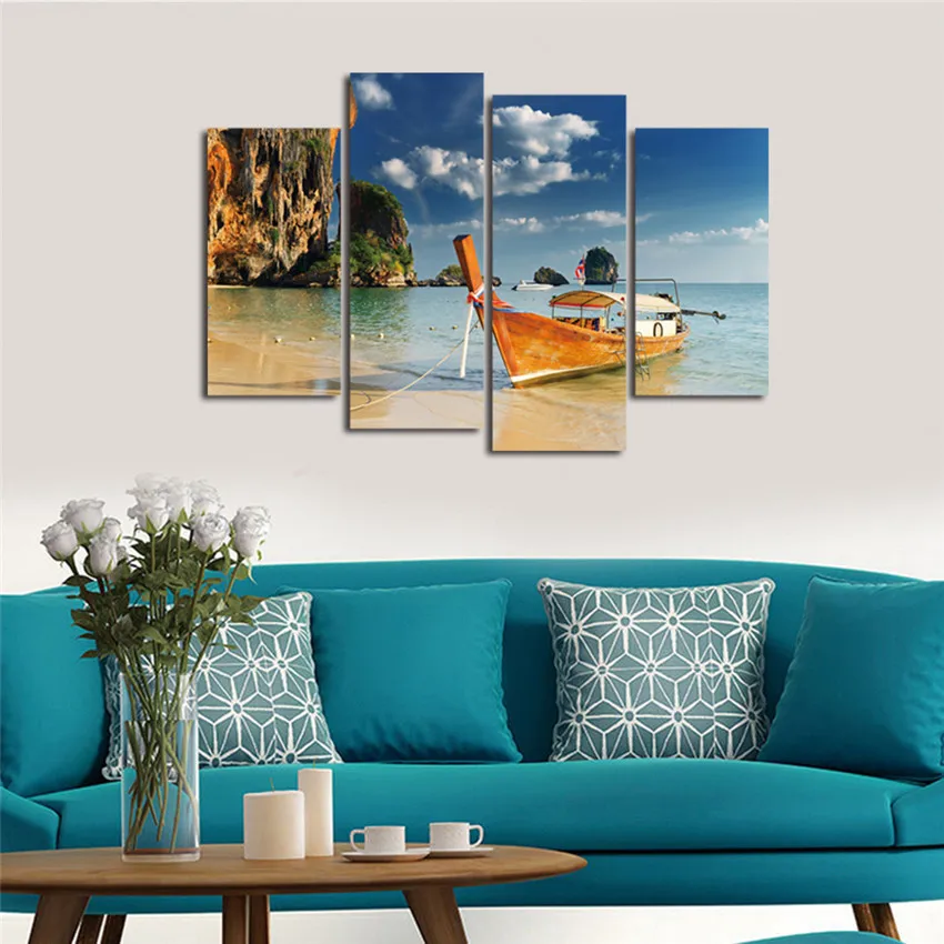 4 панели лодка Холст Картина пляж живопись на холсте Куадрос decoracion красоты
