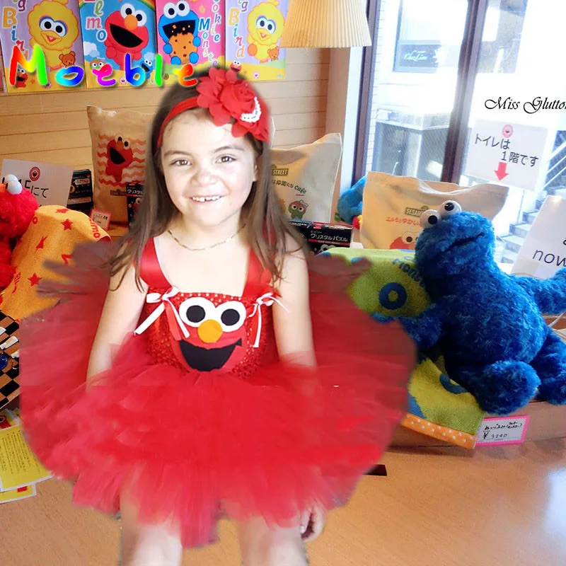 

Cute Cartoon Girls Party Dress Baby Kids Cosplay Elmo Tutu Dresses Christmas Costume Children New Year Pageant Ball Gown