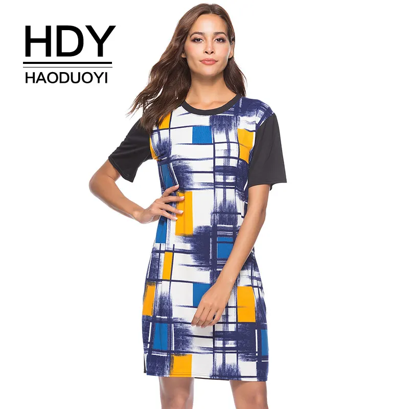 HDY Haoduoyi 2018 Летнее мини платье с коротким рукавом в стиле пэчворк клетку