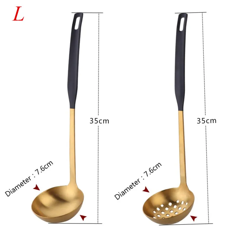 Black-gold big set 2 шт посуда из нержавеющей стали матовый суп половник и половник-дуршлаг набор кухонных инструментов длинная ручка щелевая ложка с отверстиями настенный - Цвет: Black-gold big set