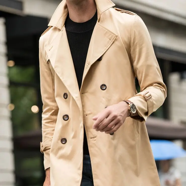 Мужской длинный Тренч двубортный с отложным воротником большого размера на