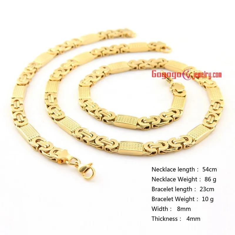 

Модные Золотые Ювелирные наборы из нержавеющей стали, включая ожерелье и браслет, ожерелье, размер браслета 54 см, 230 мм x 8 мм x 4 мм
