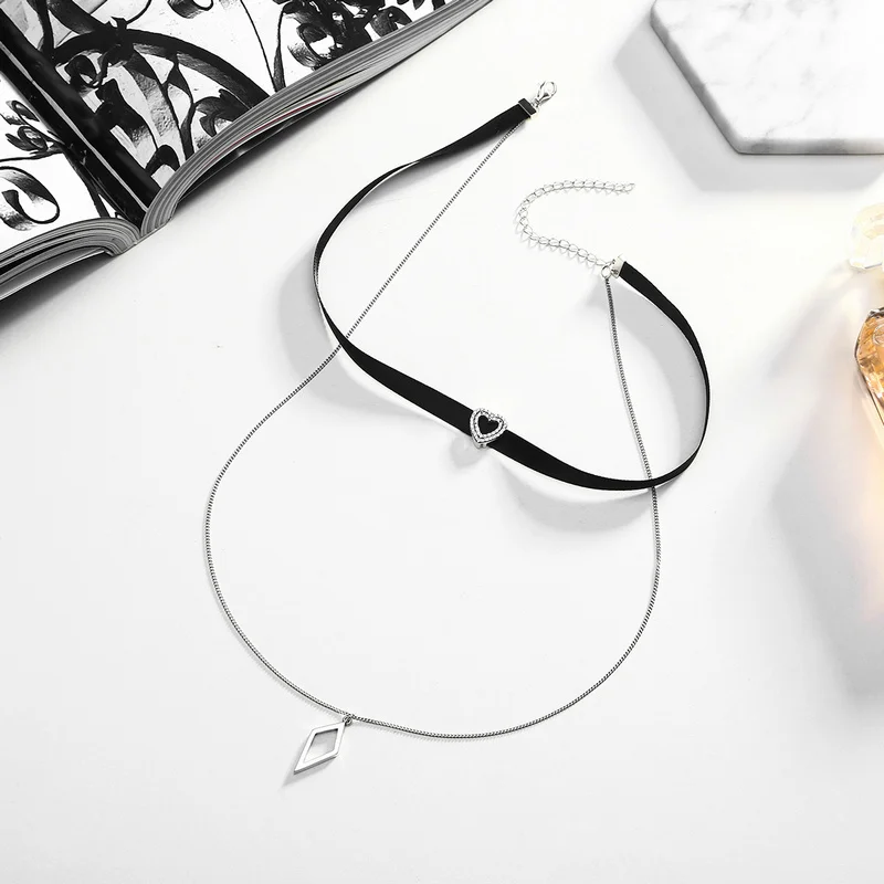 925 стерлингового серебра двойной слой черный оплетки Сердце квадратный Чокеры