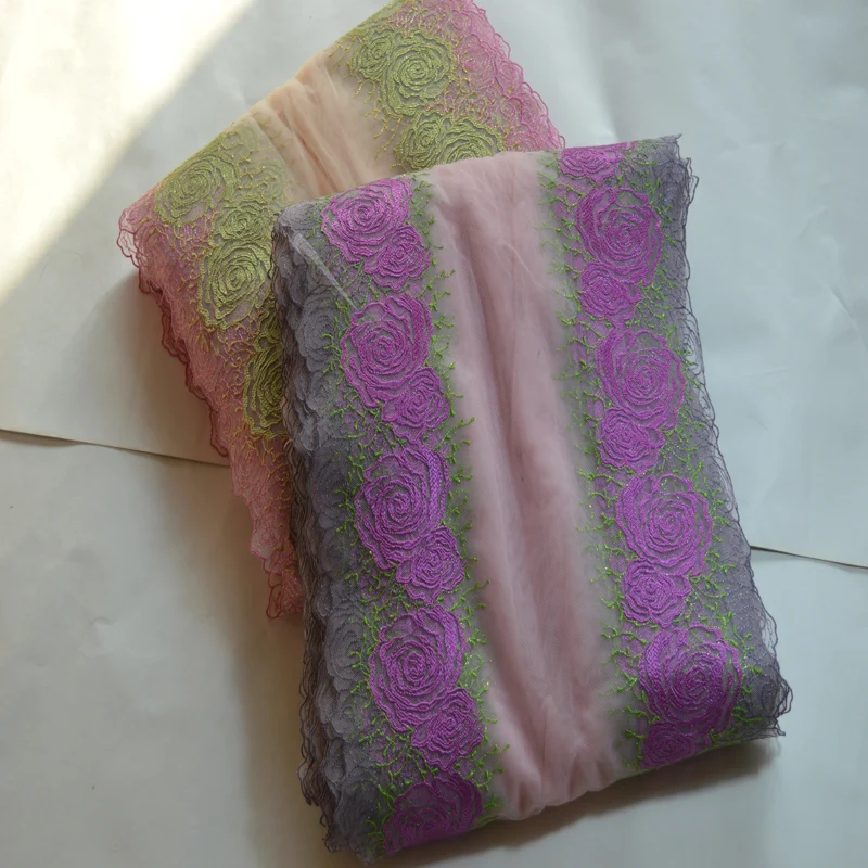 1YD розовая марля зеленая ~ фиолетовая зеркальная Цветочная вышивка