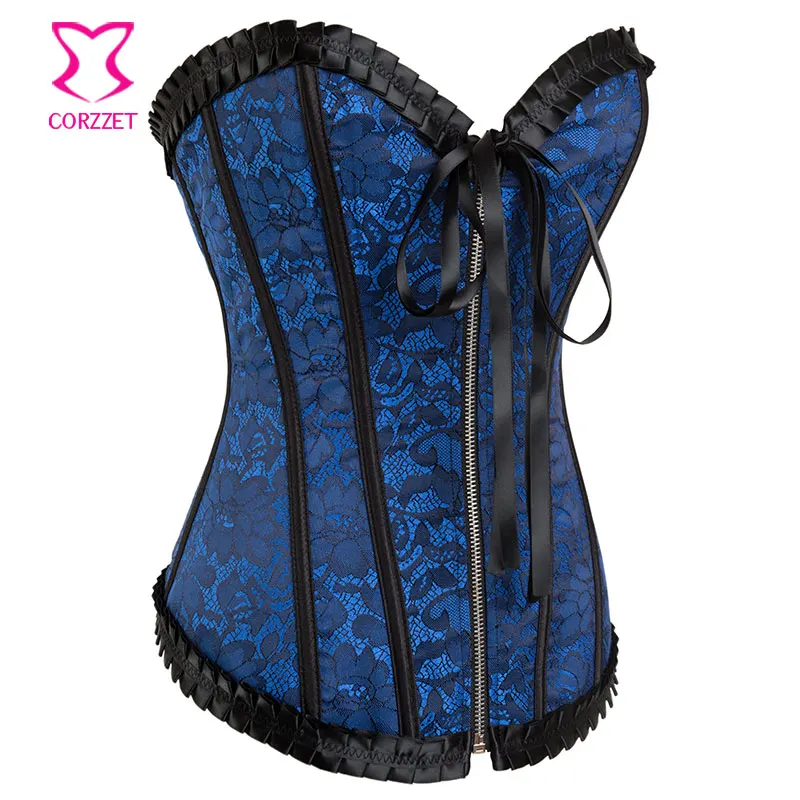 Синий/черный цветочный жаккардовый корсет сексуальный готический бюстье топ