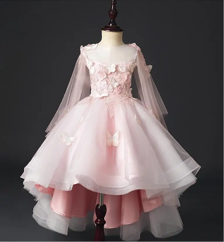 Розовое Тюлевое свадебное платье с украшением в виде бабочки для девочек детское