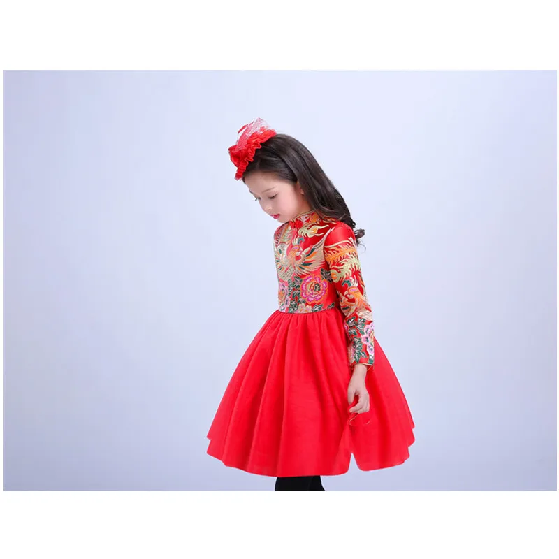 Детская зимняя Обувь для девочек платье с длинным рукавом Cheongsam новогоднее