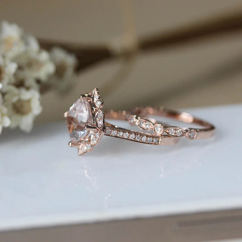 DUPUY 7mm Cushion Cut Classic Engagement Ring Half Eternity Pave Setting Wedding 2PCS 14K Rose Gold Bride Suit D180377 | Украшения и